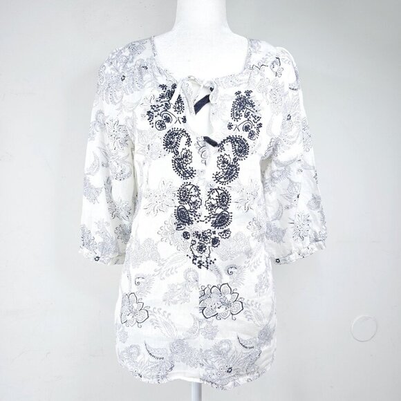 Malvin Hamburg White Linen Paisley Floral Embroidered Tunic Tasseled Top Germany - Picture 1 of 8